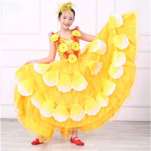 Flowers pink red blue yellow petals bloom flamenco dance dresses for girls kids opening dance paso double spanish bull dance swing skirts for children